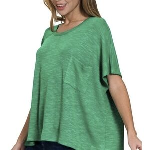 Zenana Kelly Green L/XL Slub Knit Pocket Oversized Tee